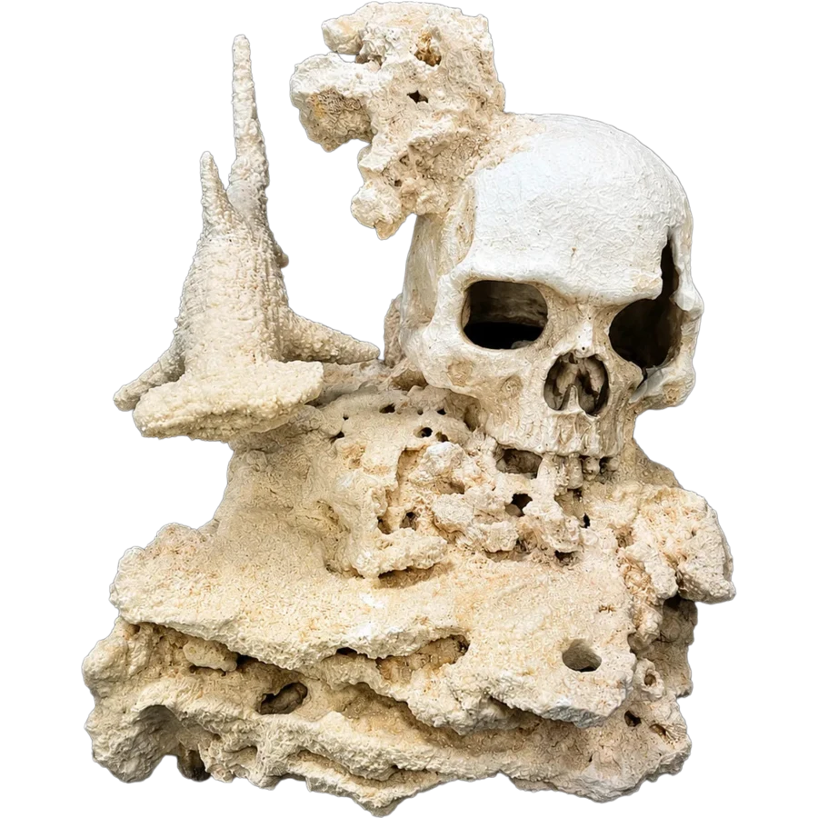 A hand-sculpted reef-safe skull and shark aquascape by ChandlerRocks